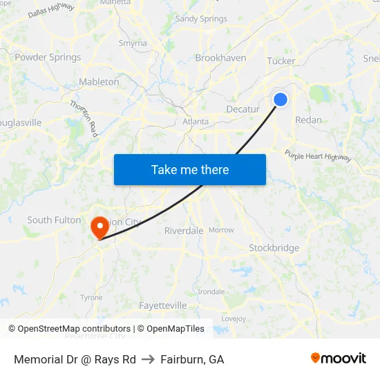 Memorial Dr @ Rays Rd to Fairburn, GA map