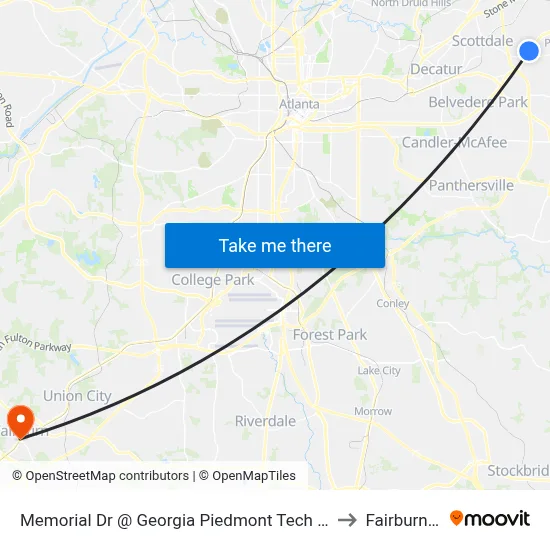 Memorial Dr @ Georgia Piedmont Tech College Dr to Fairburn, GA map
