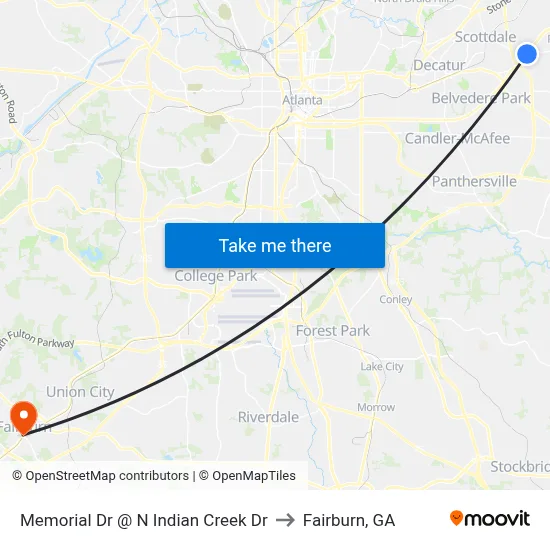 Memorial Dr @ N Indian Creek Dr to Fairburn, GA map