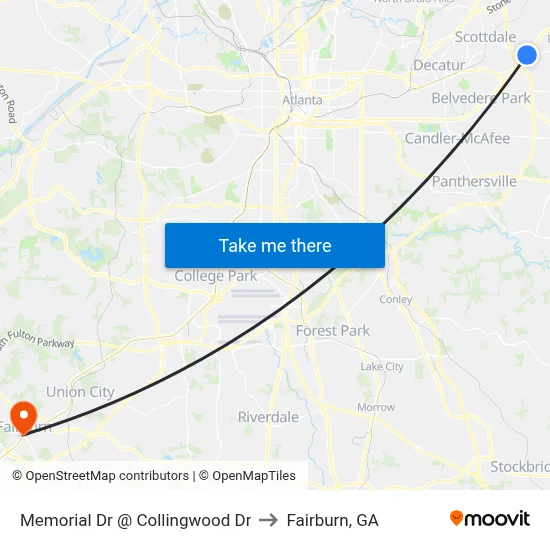 Memorial Dr @ Collingwood Dr to Fairburn, GA map