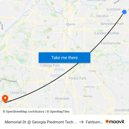 Memorial Dr @ Georgia Piedmont Tech College Dr to Fairburn, GA map