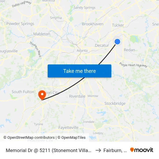 Memorial Dr @ 5211 (Stonemont Village Sc) to Fairburn, GA map