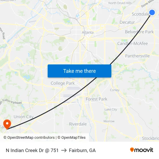 N Indian Creek Dr @ 751 to Fairburn, GA map