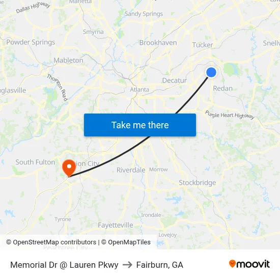 Memorial Dr @ Lauren Pkwy to Fairburn, GA map