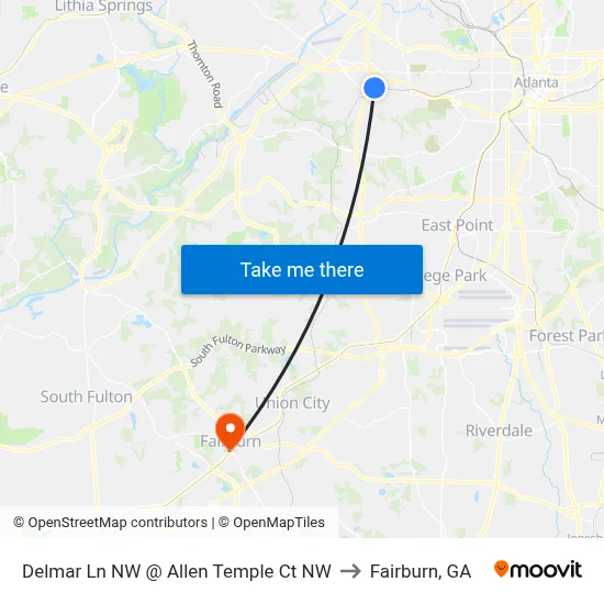 Delmar Ln NW @ Allen Temple Ct NW to Fairburn, GA map