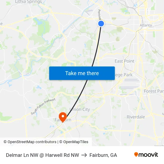 Delmar Ln NW @ Harwell Rd NW to Fairburn, GA map