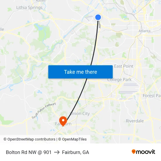Bolton Rd NW @ 901 to Fairburn, GA map