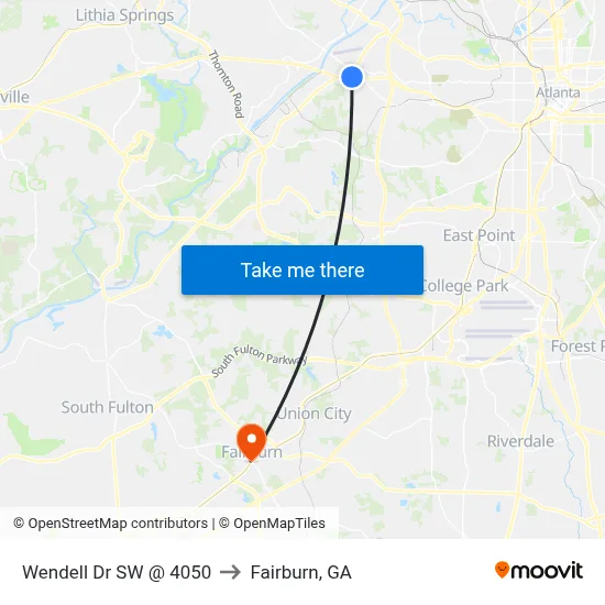 Wendell Dr SW @ 4050 to Fairburn, GA map