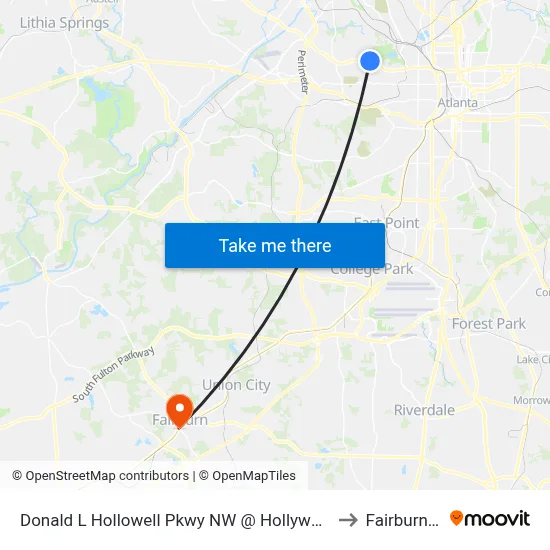 Donald L Hollowell Pkwy NW @ Hollywood Rd NW to Fairburn, GA map