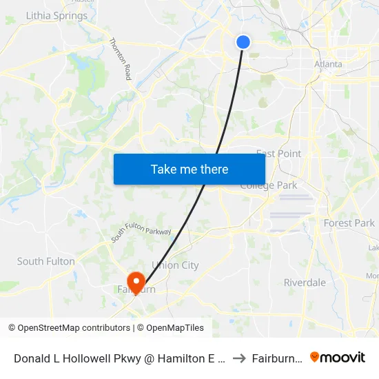 Donald L Hollowell Pkwy @ Hamilton E Holmes Dr to Fairburn, GA map