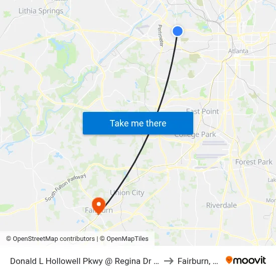 Donald L Hollowell Pkwy @ Regina Dr NW to Fairburn, GA map