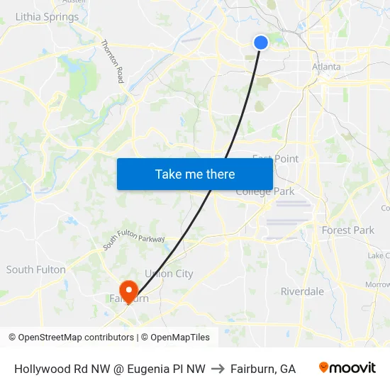 Hollywood Rd NW @ Eugenia Pl NW to Fairburn, GA map