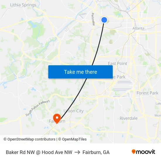 Baker Rd NW @ Hood Ave NW to Fairburn, GA map