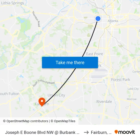 Joseph E Boone Blvd NW @ Burbank Dr NW to Fairburn, GA map