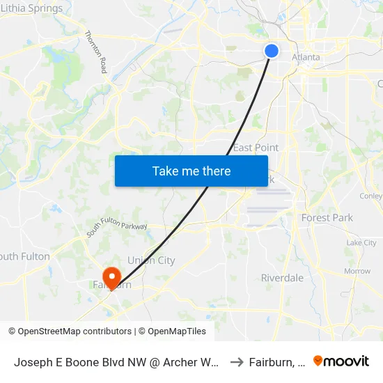 Joseph E Boone Blvd NW @ Archer Way NW to Fairburn, GA map