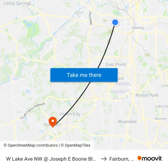W Lake Ave NW @ Joseph E Boone Blvd NW to Fairburn, GA map