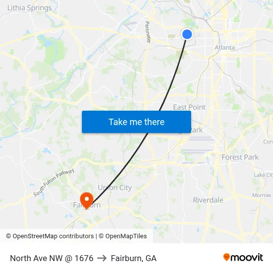 North Ave NW @ 1676 to Fairburn, GA map