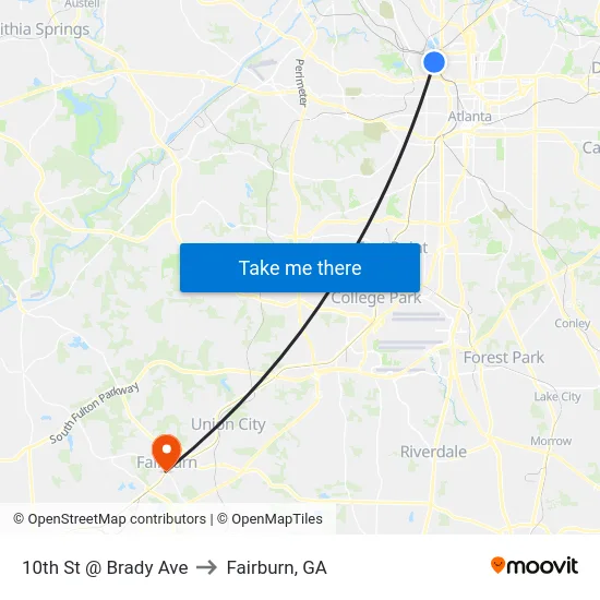 10th St @ Brady Ave to Fairburn, GA map