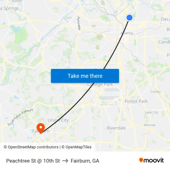 Peachtree St @ 10th St to Fairburn, GA map