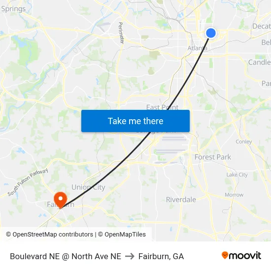 Boulevard NE @ North Ave NE to Fairburn, GA map