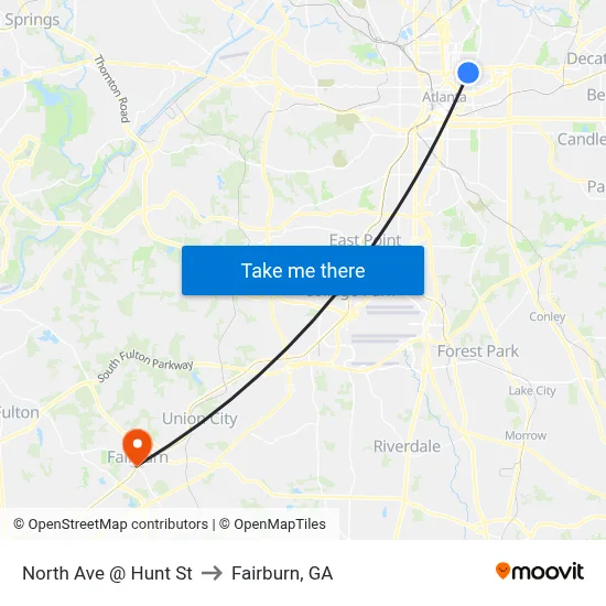 North Ave @ Hunt St to Fairburn, GA map