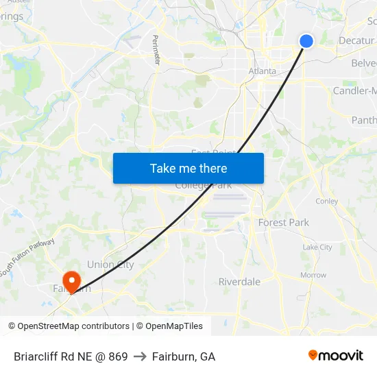 Briarcliff Rd NE @ 869 to Fairburn, GA map