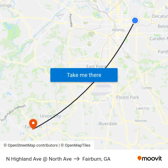 N Highland Ave @ North Ave to Fairburn, GA map