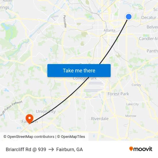 Briarcliff Rd @ 939 to Fairburn, GA map
