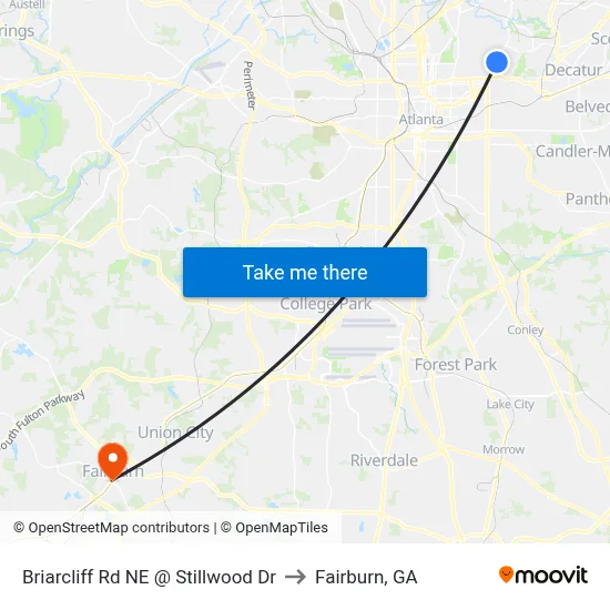 Briarcliff Rd NE @ Stillwood Dr to Fairburn, GA map