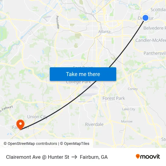 Clairemont Ave @ Hunter St to Fairburn, GA map