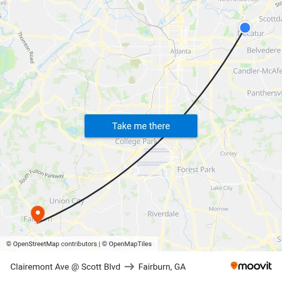 Clairemont Ave @ Scott Blvd to Fairburn, GA map