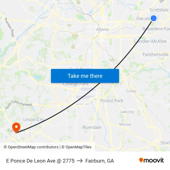 E Ponce De Leon Ave @ 2775 to Fairburn, GA map