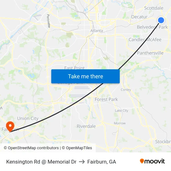 Kensington Rd @ Memorial Dr to Fairburn, GA map