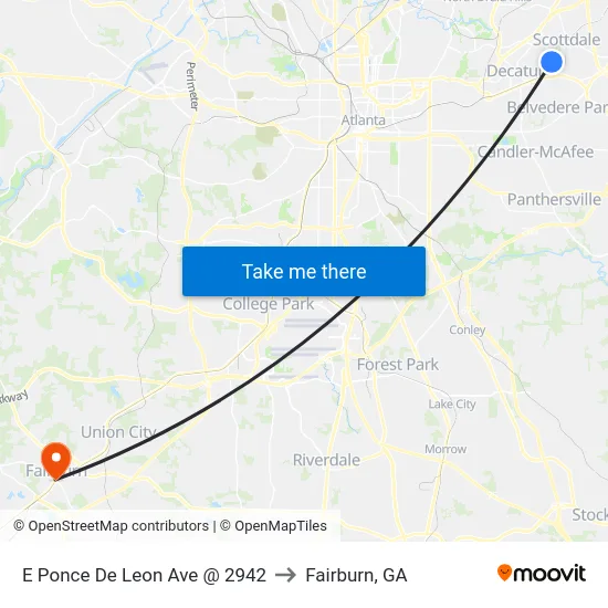 E Ponce De Leon Ave @ 2942 to Fairburn, GA map