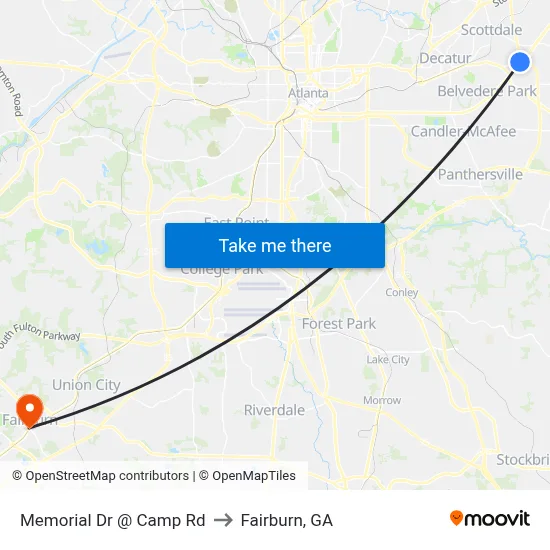 Memorial Dr @ Camp Rd to Fairburn, GA map