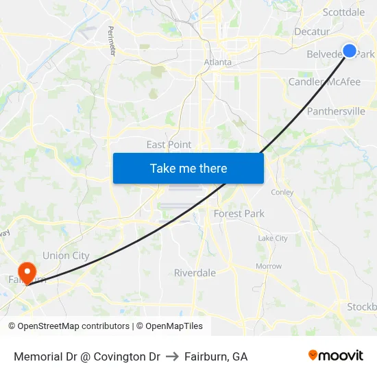 Memorial Dr @ Covington Dr to Fairburn, GA map