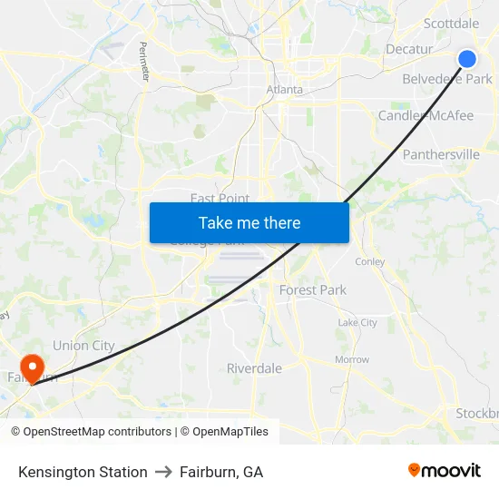 Kensington Station to Fairburn, GA map