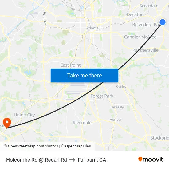 Holcombe Rd @ Redan Rd to Fairburn, GA map