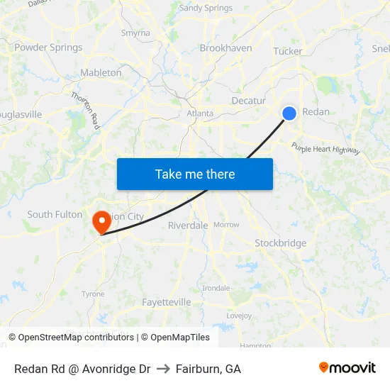Redan Rd @ Avonridge Dr to Fairburn, GA map