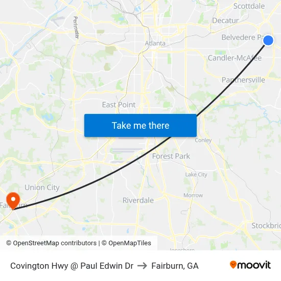 Covington Hwy @ Paul Edwin Dr to Fairburn, GA map