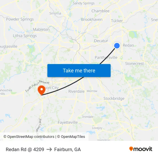 Redan Rd @ 4209 to Fairburn, GA map