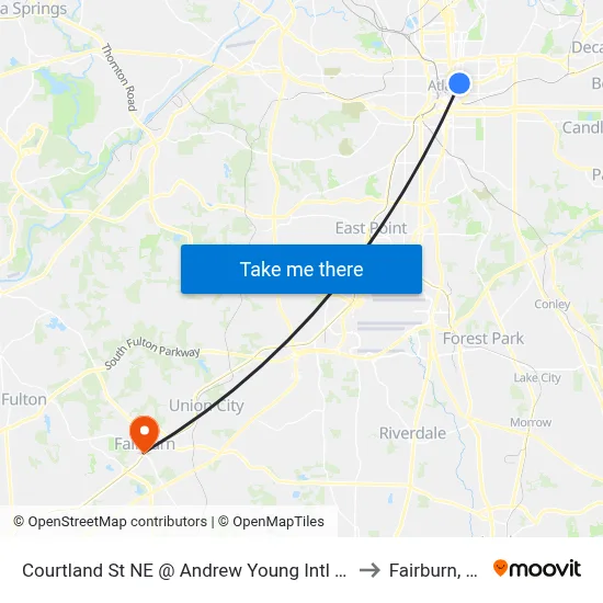 Courtland St NE @ Andrew Young Intl Blvd to Fairburn, GA map
