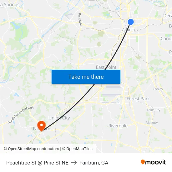 Peachtree St @ Pine St NE to Fairburn, GA map