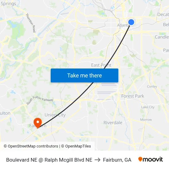 Boulevard NE @ Ralph Mcgill Blvd NE to Fairburn, GA map