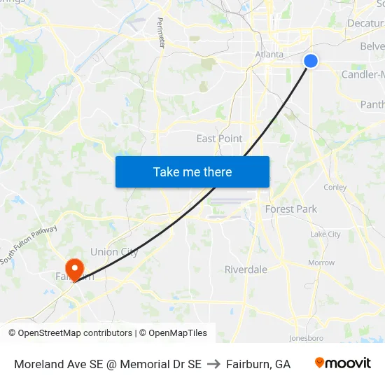 Moreland Ave SE @ Memorial Dr SE to Fairburn, GA map