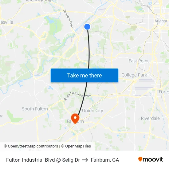 Fulton Industrial Blvd @ Selig Dr to Fairburn, GA map