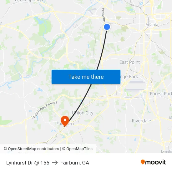 Lynhurst Dr @ 155 to Fairburn, GA map