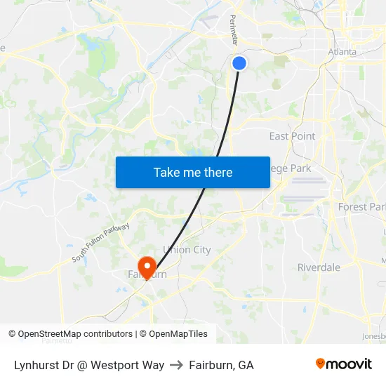 Lynhurst Dr @ Westport Way to Fairburn, GA map