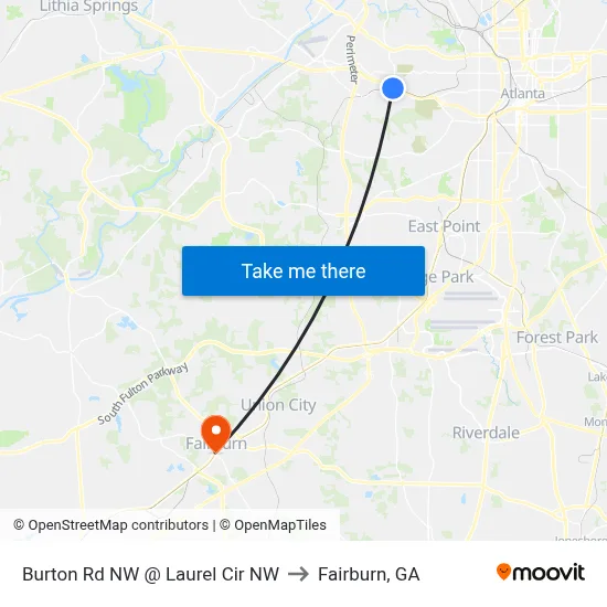 Burton Rd NW @ Laurel Cir NW to Fairburn, GA map