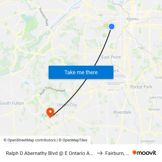 Ralph D Abernathy Blvd @ E Ontario Ave SW to Fairburn, GA map